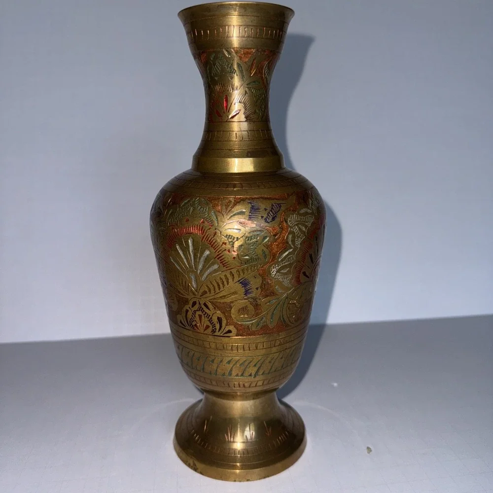 VTG Penco Industries Brass Etched Enamel Bud Vase India Gold Floral 9.5